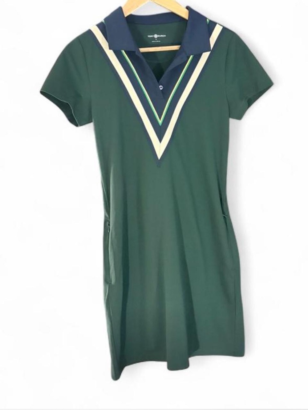 Tory Burch Forest Green Polo Dress with Navy and Cream V-Trim